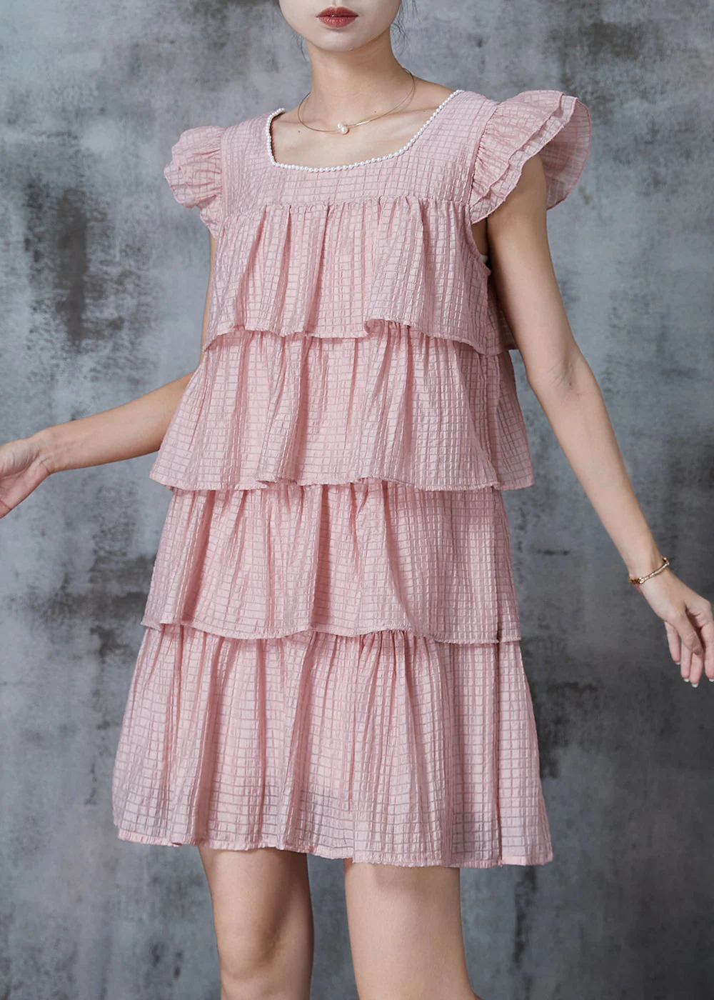 Modern Pink Square Collar Layered Chiffon Tea Dress Summer - Image 3