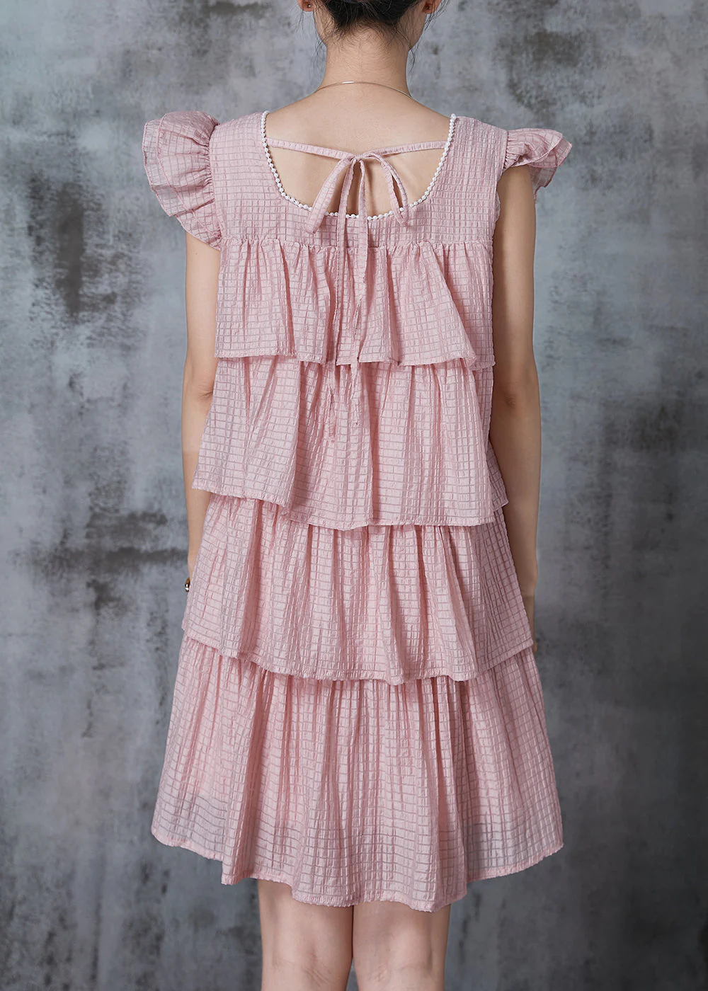 Modern Pink Square Collar Layered Chiffon Tea Dress Summer - Image 4