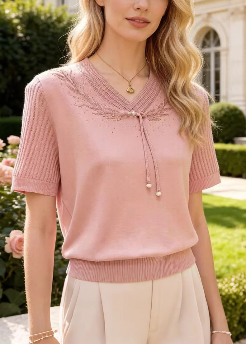 Modern Pink Tasseled Zircon Knit Shirt Top Summer - Image 3