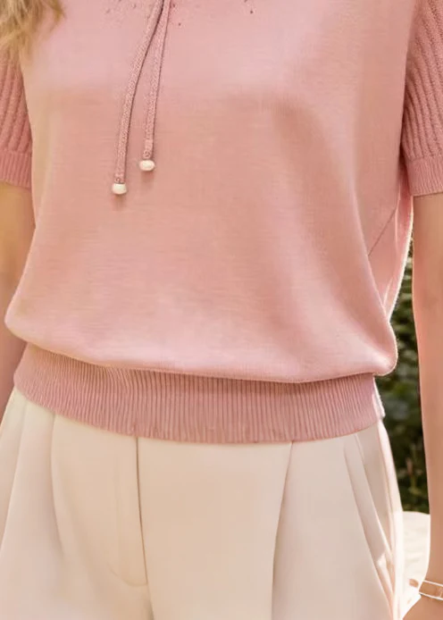 Modern Pink Tasseled Zircon Knit Shirt Top Summer - Image 4