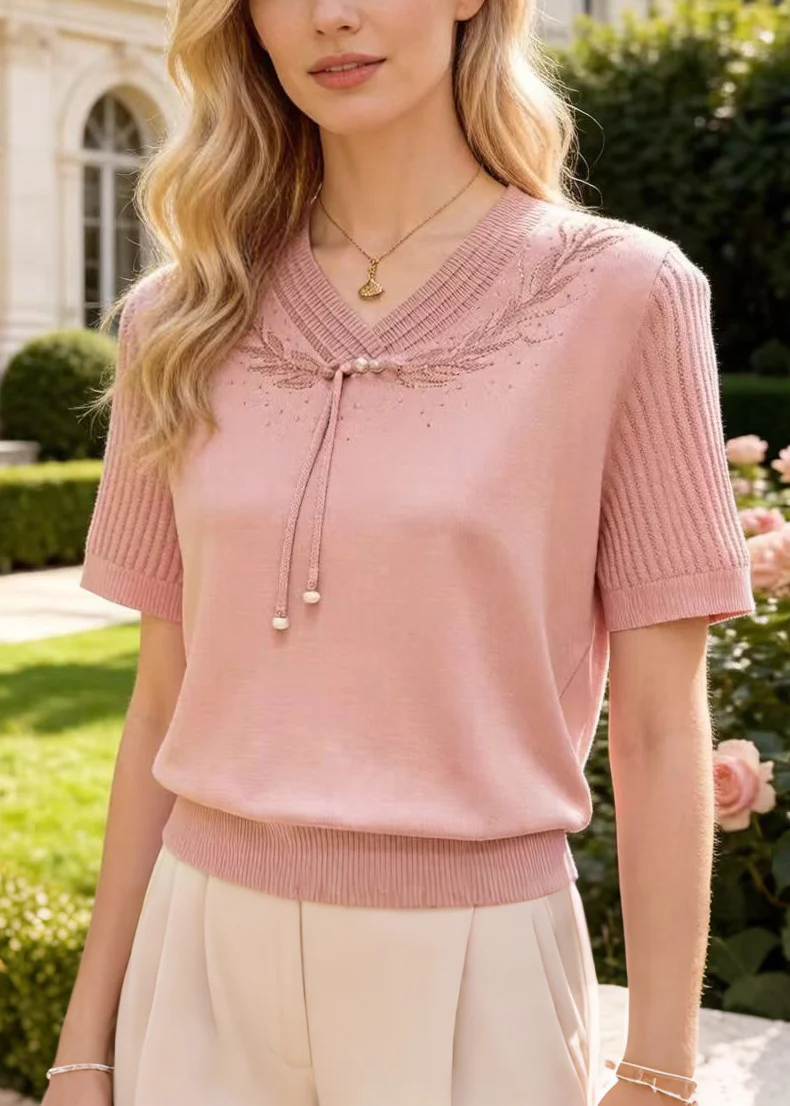 Modern Pink Tasseled Zircon Knit Shirt Top Summer - Image 5