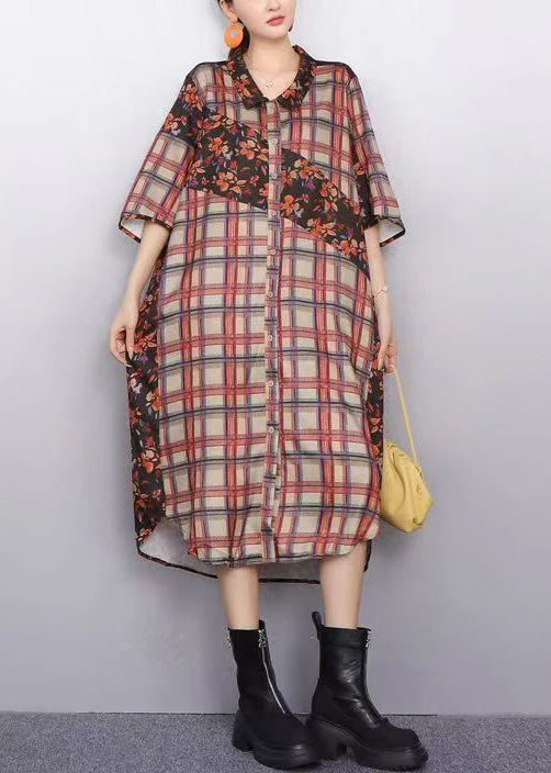 Modern Plaid Flower Patchwork Chiffon Shirt Dress Bracelet Sleeve - Image 2