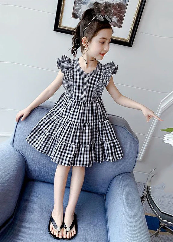 Modern Plaid V Neck Patchwork Button Cotton Kids Mid Dress Summer - Image 2