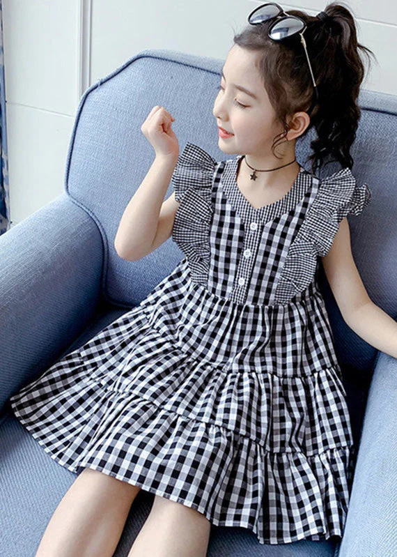 Modern Plaid V Neck Patchwork Button Cotton Kids Mid Dress Summer - Image 3
