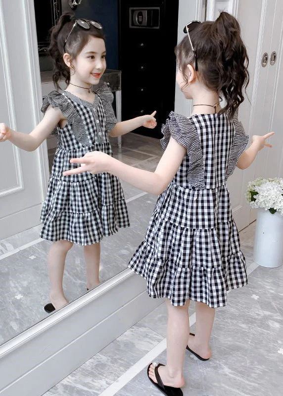 Modern Plaid V Neck Patchwork Button Cotton Kids Mid Dress Summer - Image 4