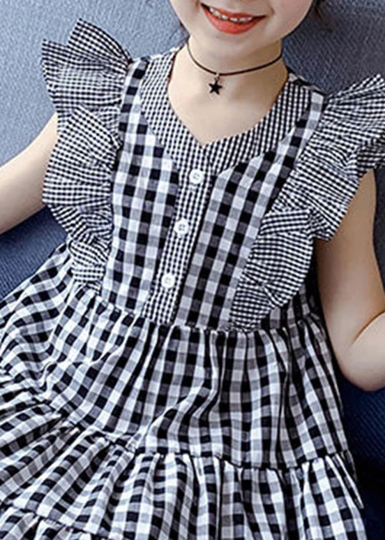 Modern Plaid V Neck Patchwork Button Cotton Kids Mid Dress Summer - Image 5