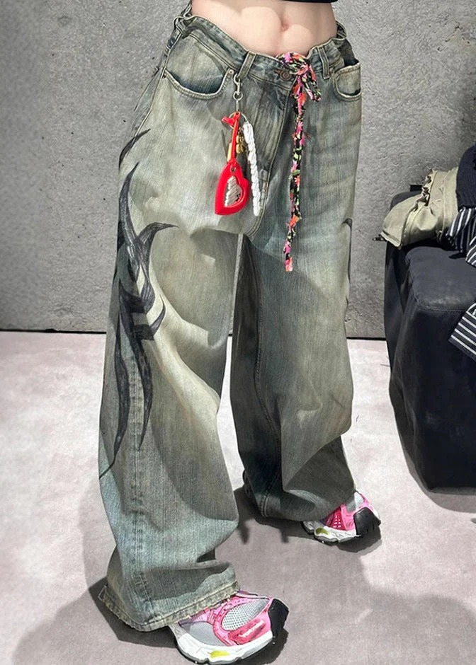 Modern Print Pockets High Waist Denim Wide Leg Pants Spring - Image 2