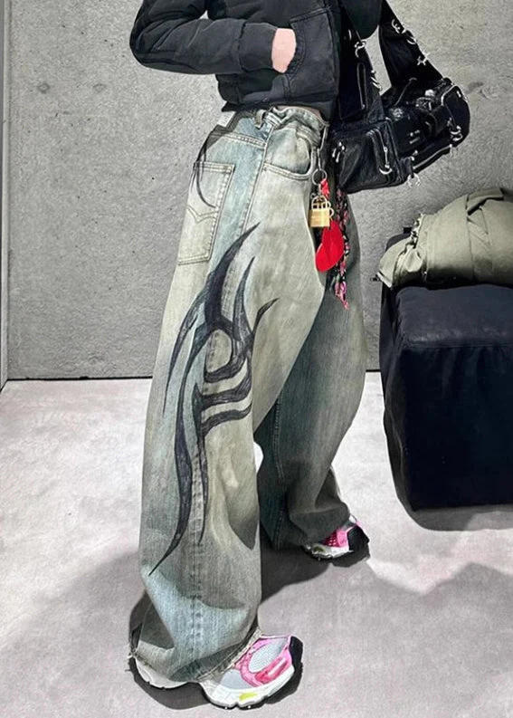 Modern Print Pockets High Waist Denim Wide Leg Pants Spring - Image 3