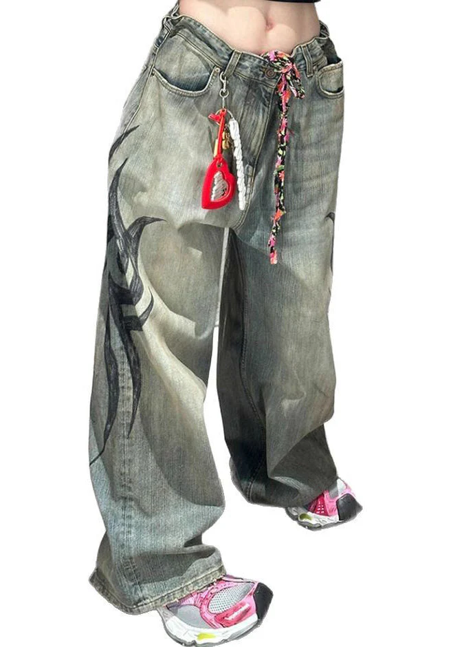Modern Print Pockets High Waist Denim Wide Leg Pants Spring - Image 5