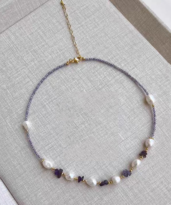 Modern Purple Alloy Zircon Pearl Gratuated Bead Necklace - Image 2