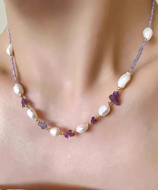 Modern Purple Alloy Zircon Pearl Gratuated Bead Necklace - Image 3