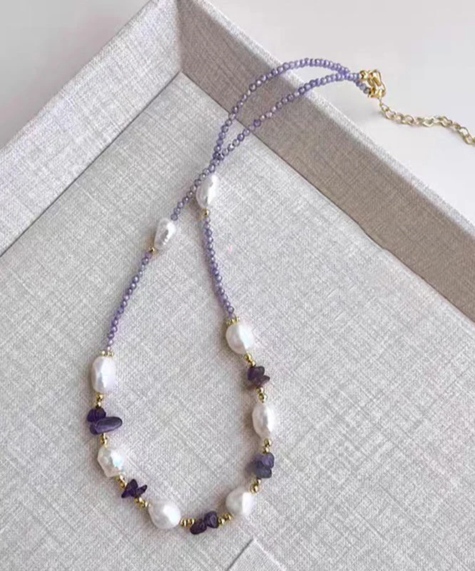 Modern Purple Alloy Zircon Pearl Gratuated Bead Necklace - Image 4
