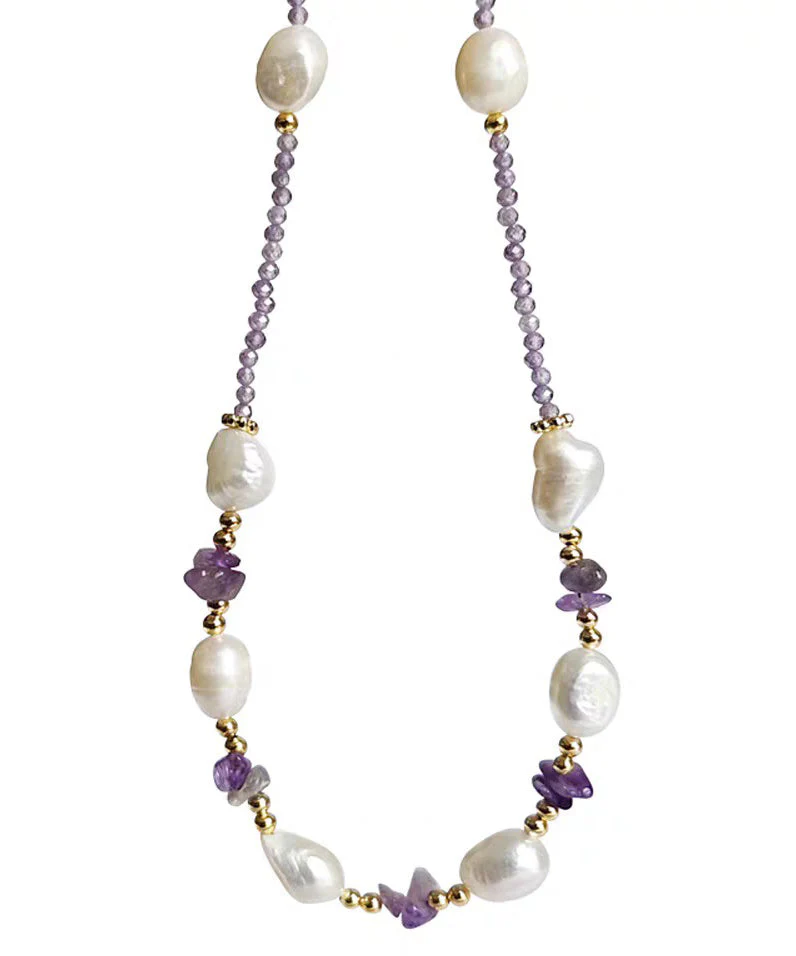 Modern Purple Alloy Zircon Pearl Gratuated Bead Necklace - Image 5