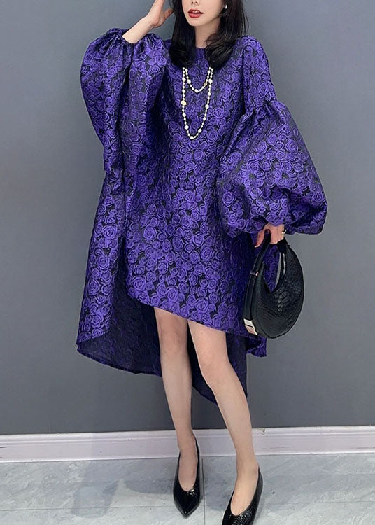 Modern Purple O Neck Wrinkled Patchwork Cotton Dress Lantern Sleeve - Image 3