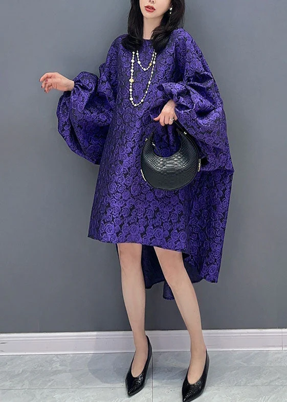Modern Purple O Neck Wrinkled Patchwork Cotton Dress Lantern Sleeve - Image 4