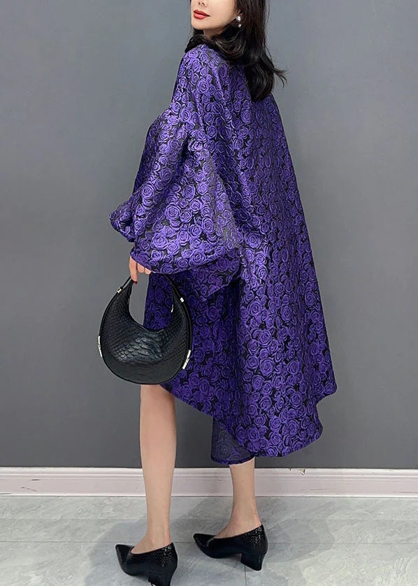 Modern Purple O Neck Wrinkled Patchwork Cotton Dress Lantern Sleeve - Image 5