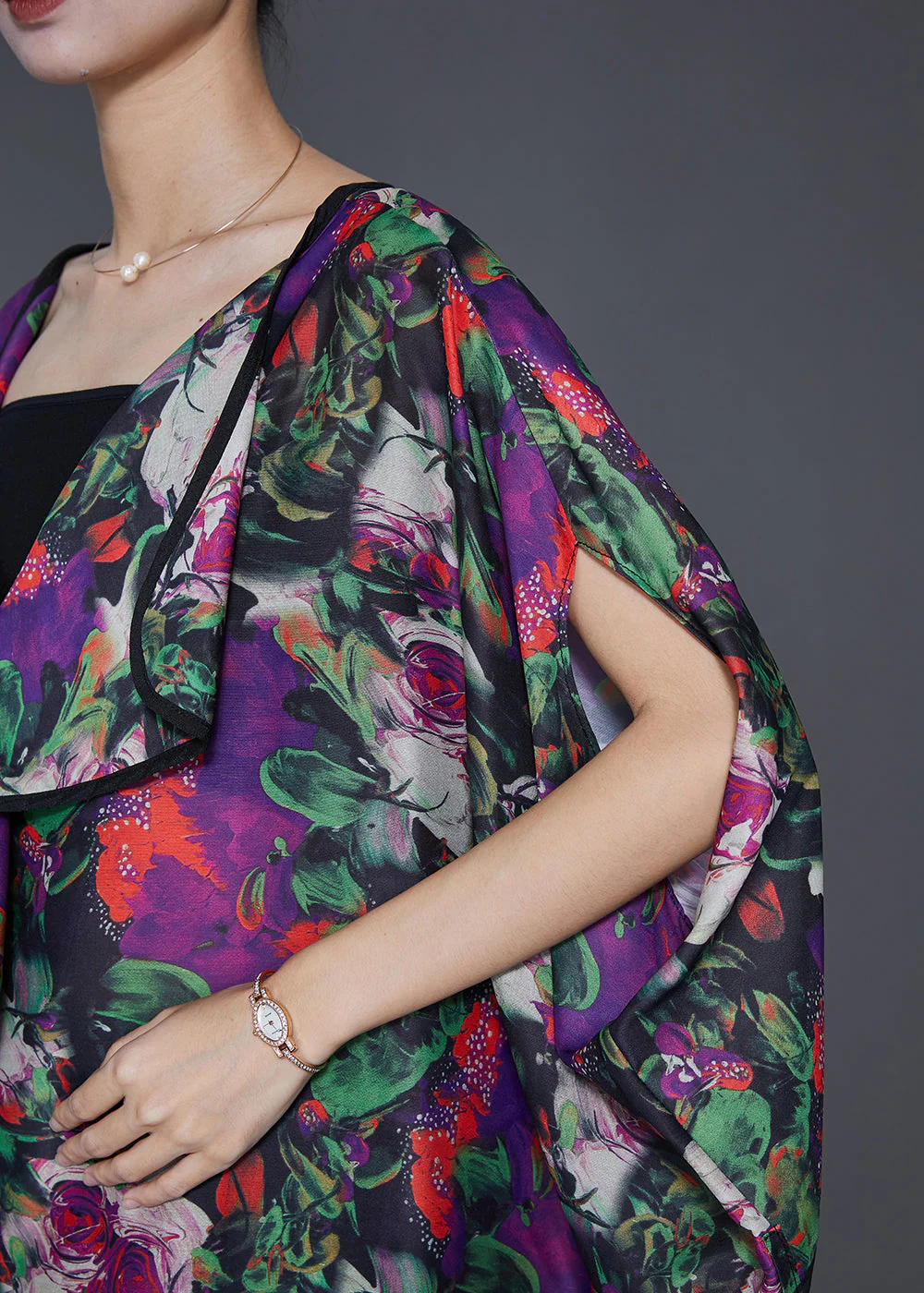 Modern Purple Oversized Print Chiffon Long Dresses Batwing Sleeve - Image 5