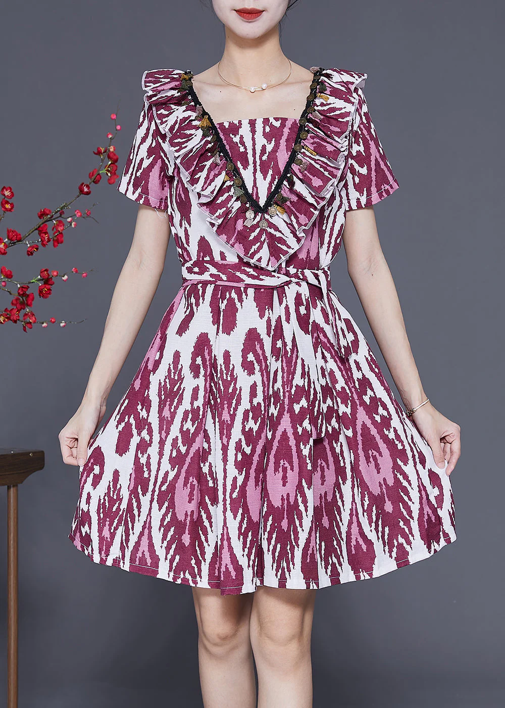 Modern Purple Ruffled Print Linen Mid Dress Summer - Image 2