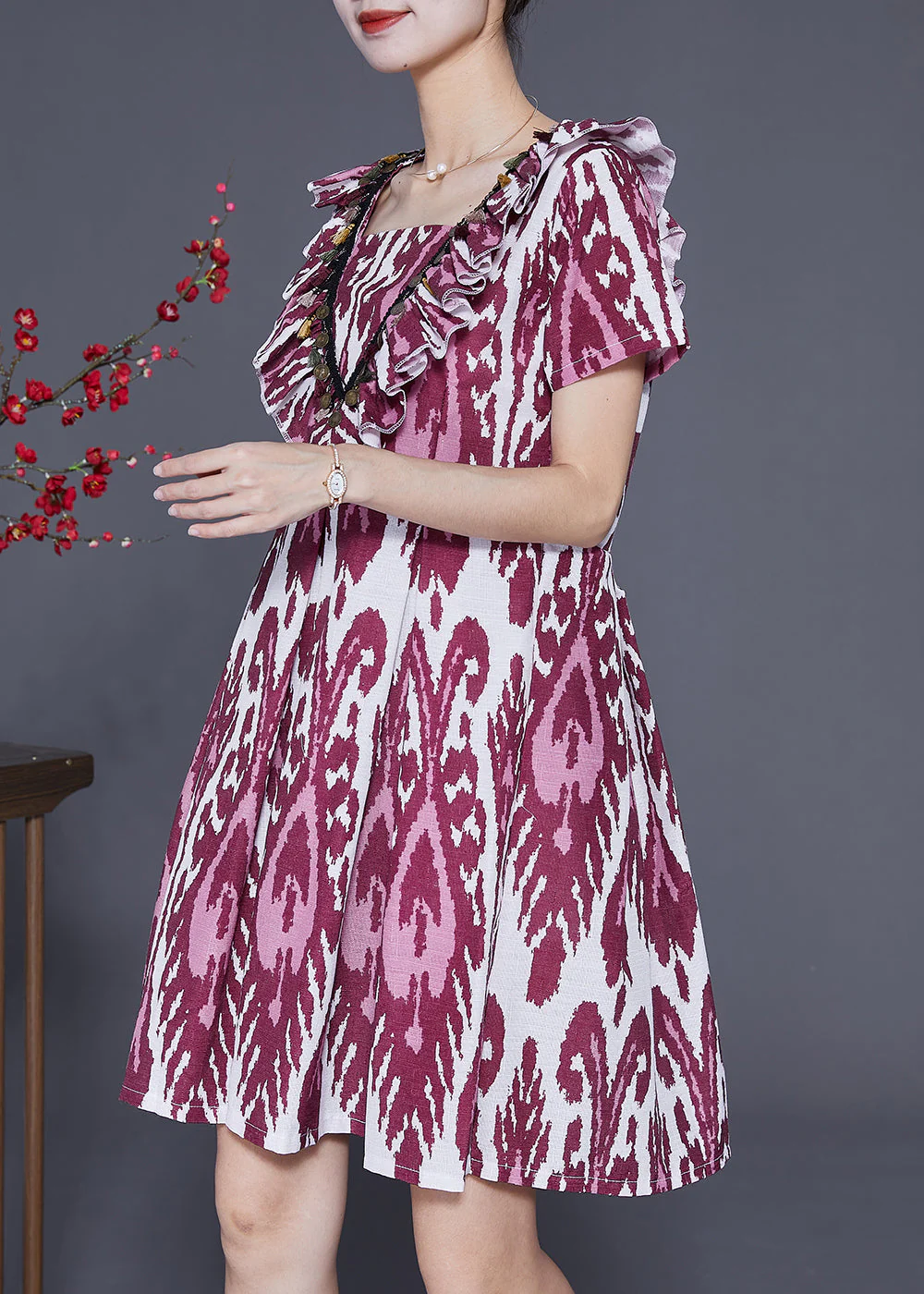 Modern Purple Ruffled Print Linen Mid Dress Summer - Image 3