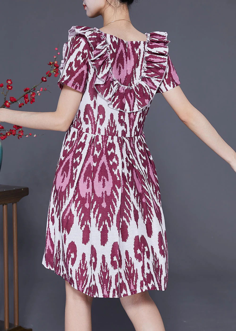 Modern Purple Ruffled Print Linen Mid Dress Summer - Image 4