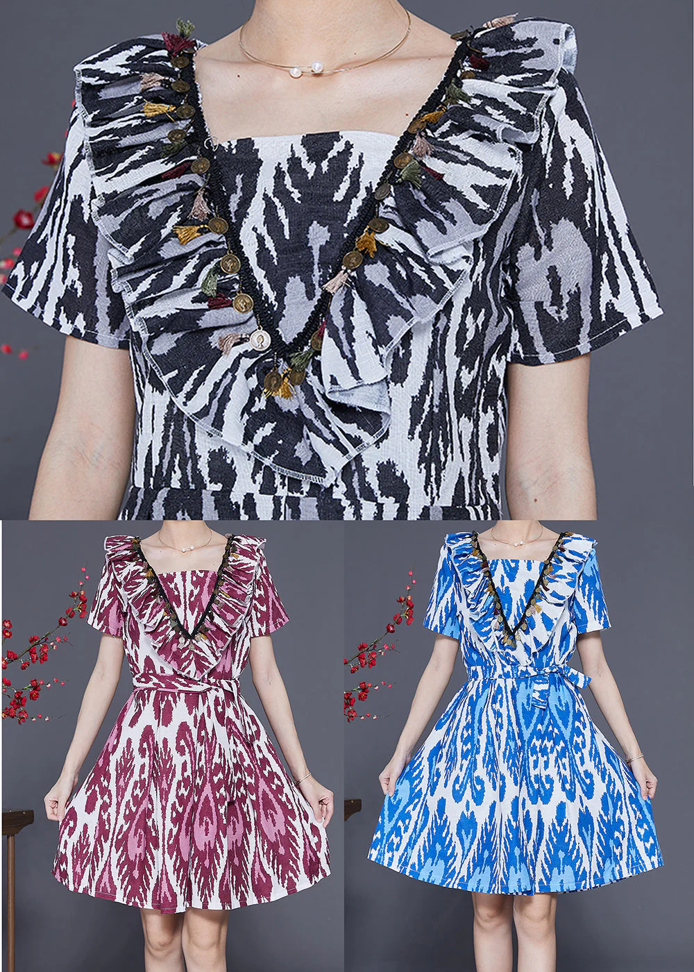 Modern Purple Ruffled Print Linen Mid Dress Summer - Image 5
