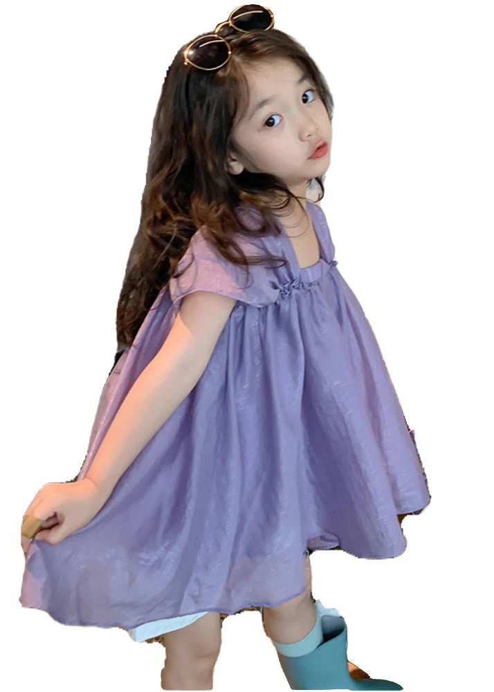 Modern Purple Slash Neck Patchwork Wrinkled Solid Chiffon Girls Mid Dress Summer - Image 5