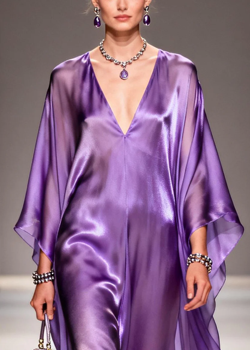 Modern Purple V Neck Draping Chiffon Holiday Dress Summer - Image 2