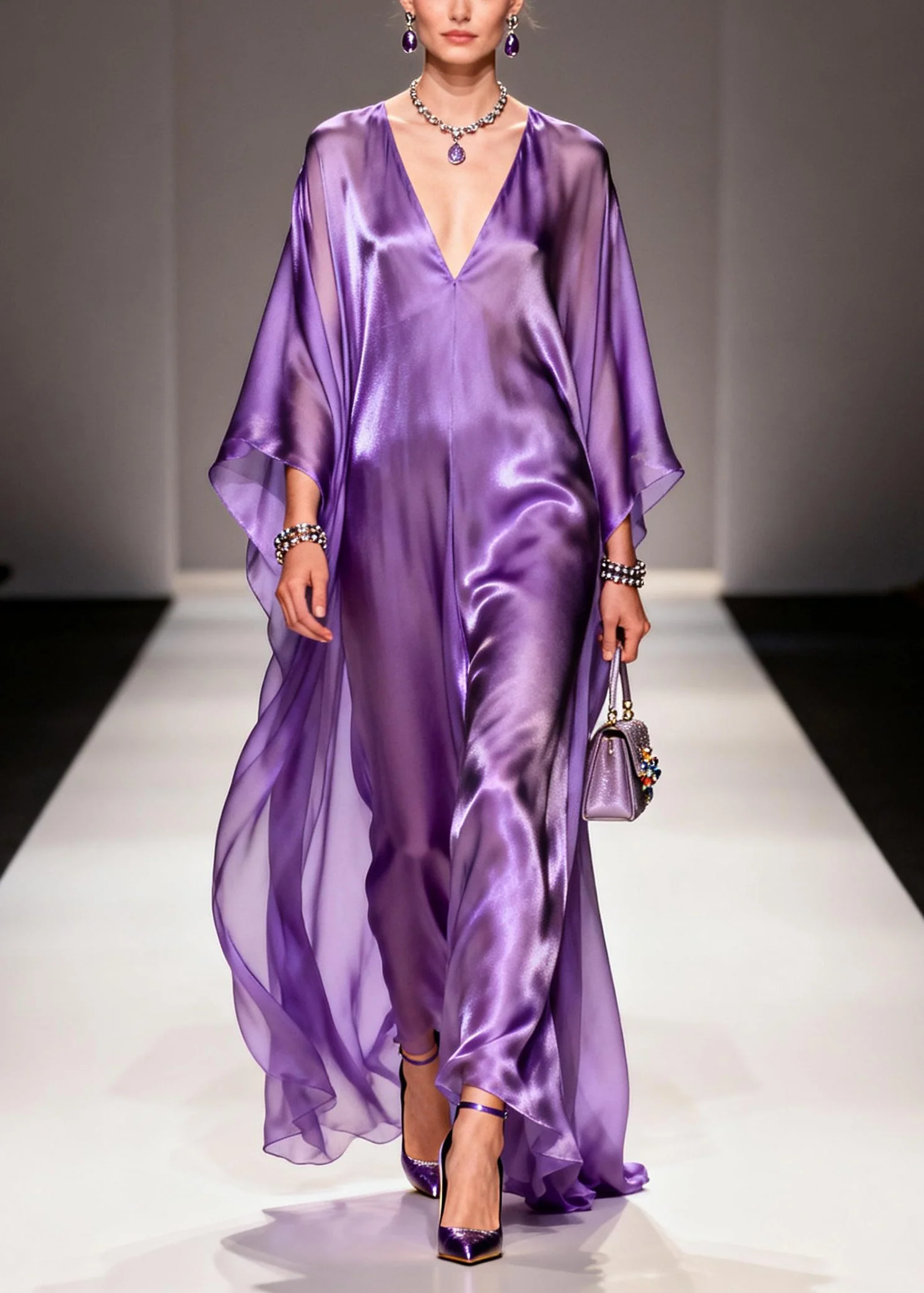 Modern Purple V Neck Draping Chiffon Holiday Dress Summer - Image 3