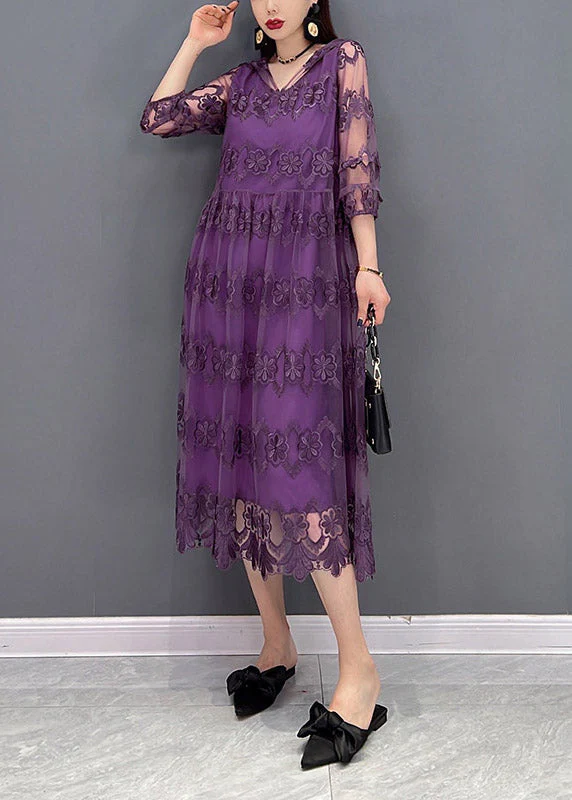 Modern Purple V Neck Embroideried Floral Lace Patchwork Hooded Dress Long Sleeve - Image 2