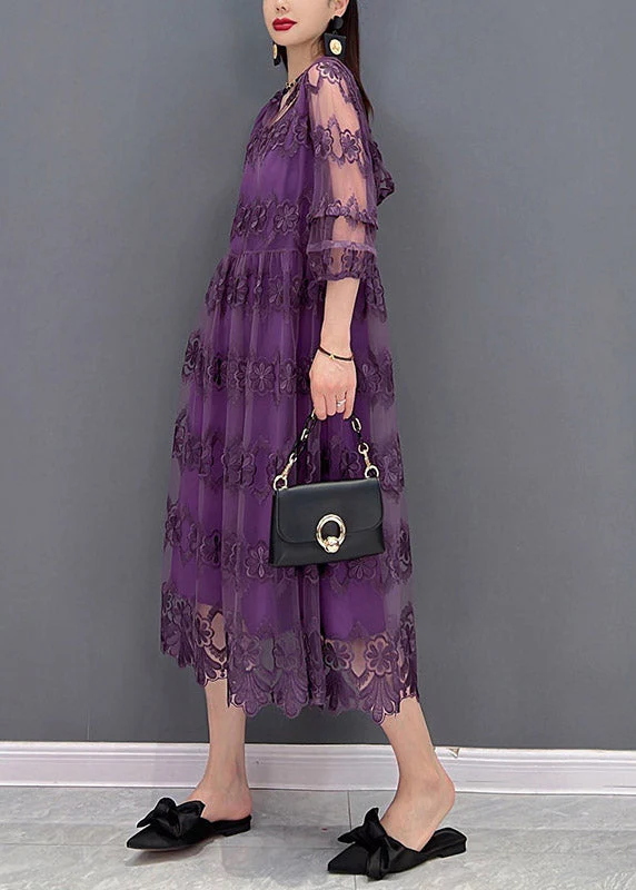 Modern Purple V Neck Embroideried Floral Lace Patchwork Hooded Dress Long Sleeve - Image 3