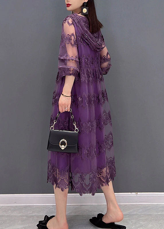 Modern Purple V Neck Embroideried Floral Lace Patchwork Hooded Dress Long Sleeve - Image 4