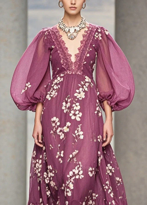 Modern Purple V Neck Print Chiffon Long Dress Puff Sleeve - Image 2