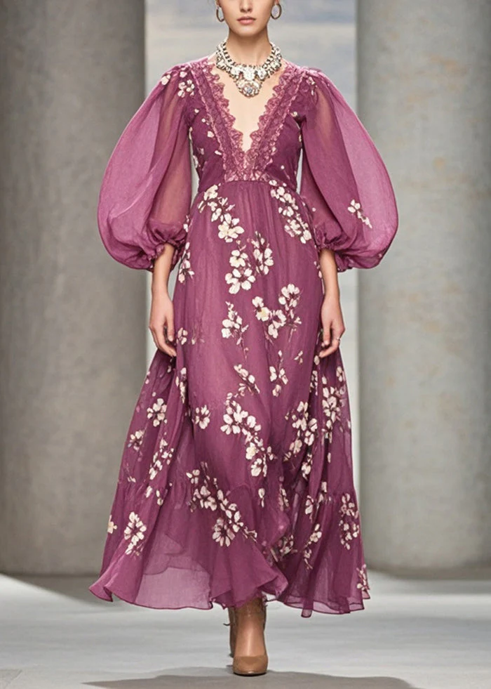 Modern Purple V Neck Print Chiffon Long Dress Puff Sleeve - Image 3