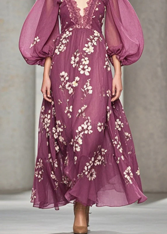 Modern Purple V Neck Print Chiffon Long Dress Puff Sleeve - Image 4