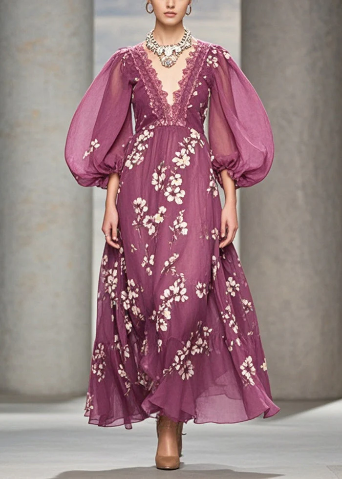 Modern Purple V Neck Print Chiffon Long Dress Puff Sleeve - Image 5