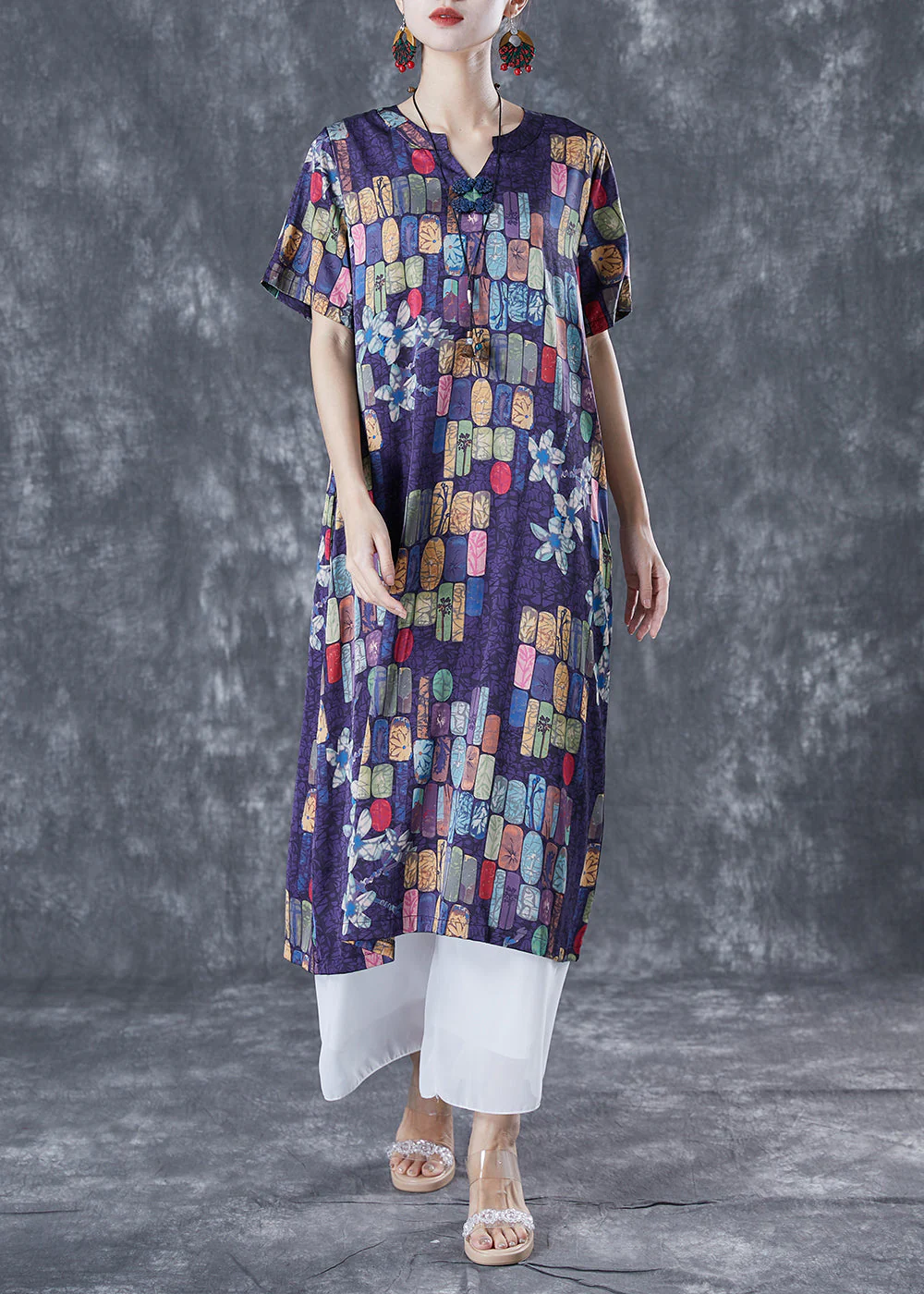Modern Purple V Neck Print Silk Holiday Dress Summer - Image 2
