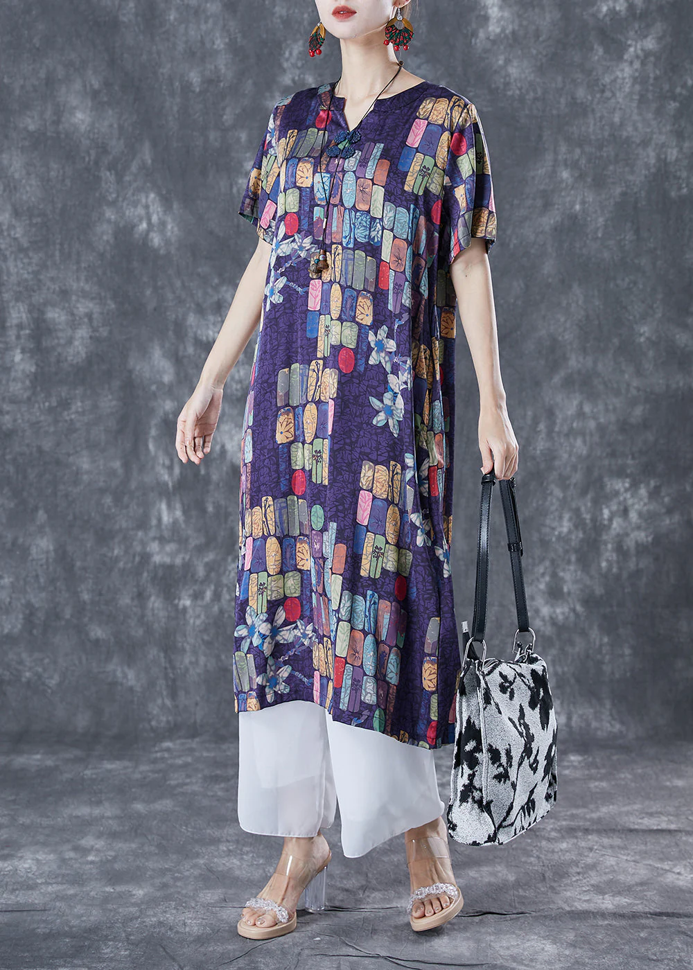 Modern Purple V Neck Print Silk Holiday Dress Summer - Image 3