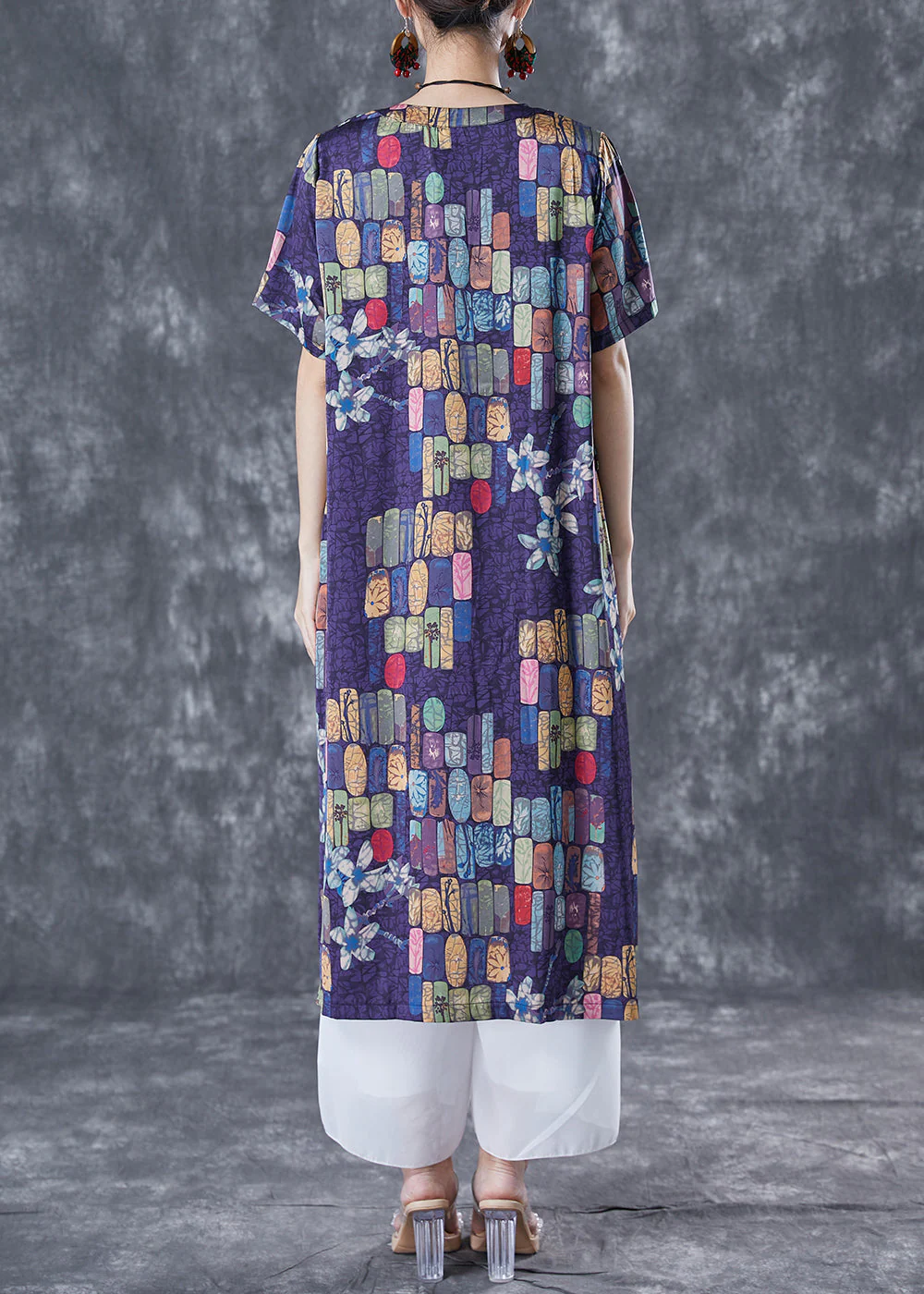 Modern Purple V Neck Print Silk Holiday Dress Summer - Image 4