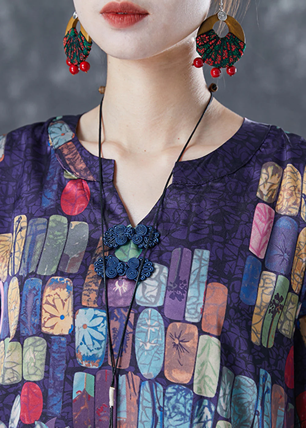 Modern Purple V Neck Print Silk Holiday Dress Summer - Image 5