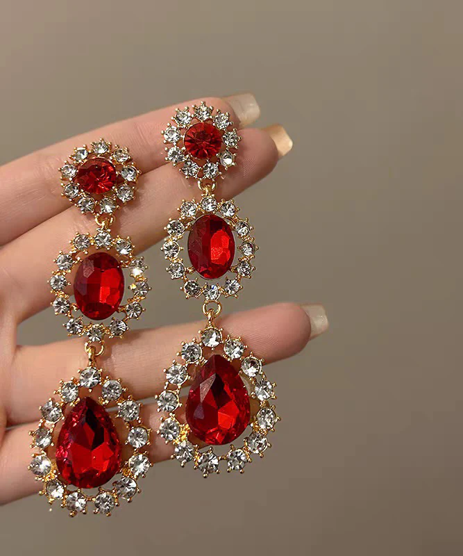 Modern Red Alloy Zircon Gem Stone Drop Earrings - Image 4