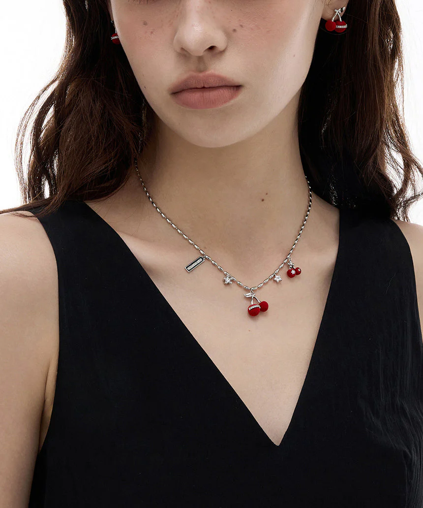Modern Red Copper Overgild Zircon Velvet Cherry Pendant Necklace - Image 2