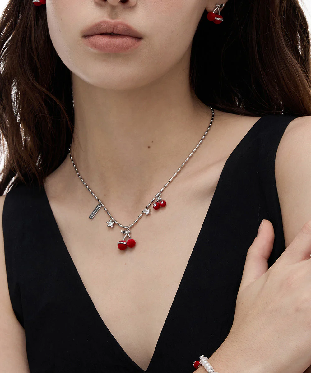 Modern Red Copper Overgild Zircon Velvet Cherry Pendant Necklace - Image 4