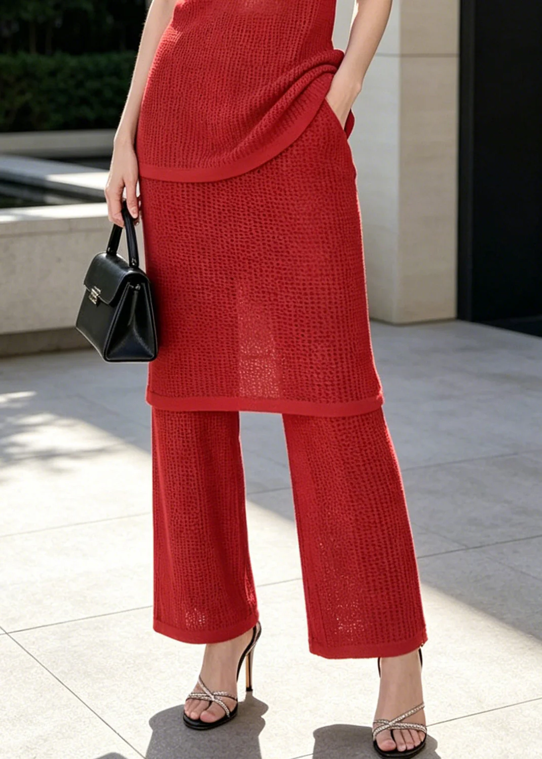 Modern Red Hollow Out Patchwork Knit Two Pieces Set Sleeveless - Image 4