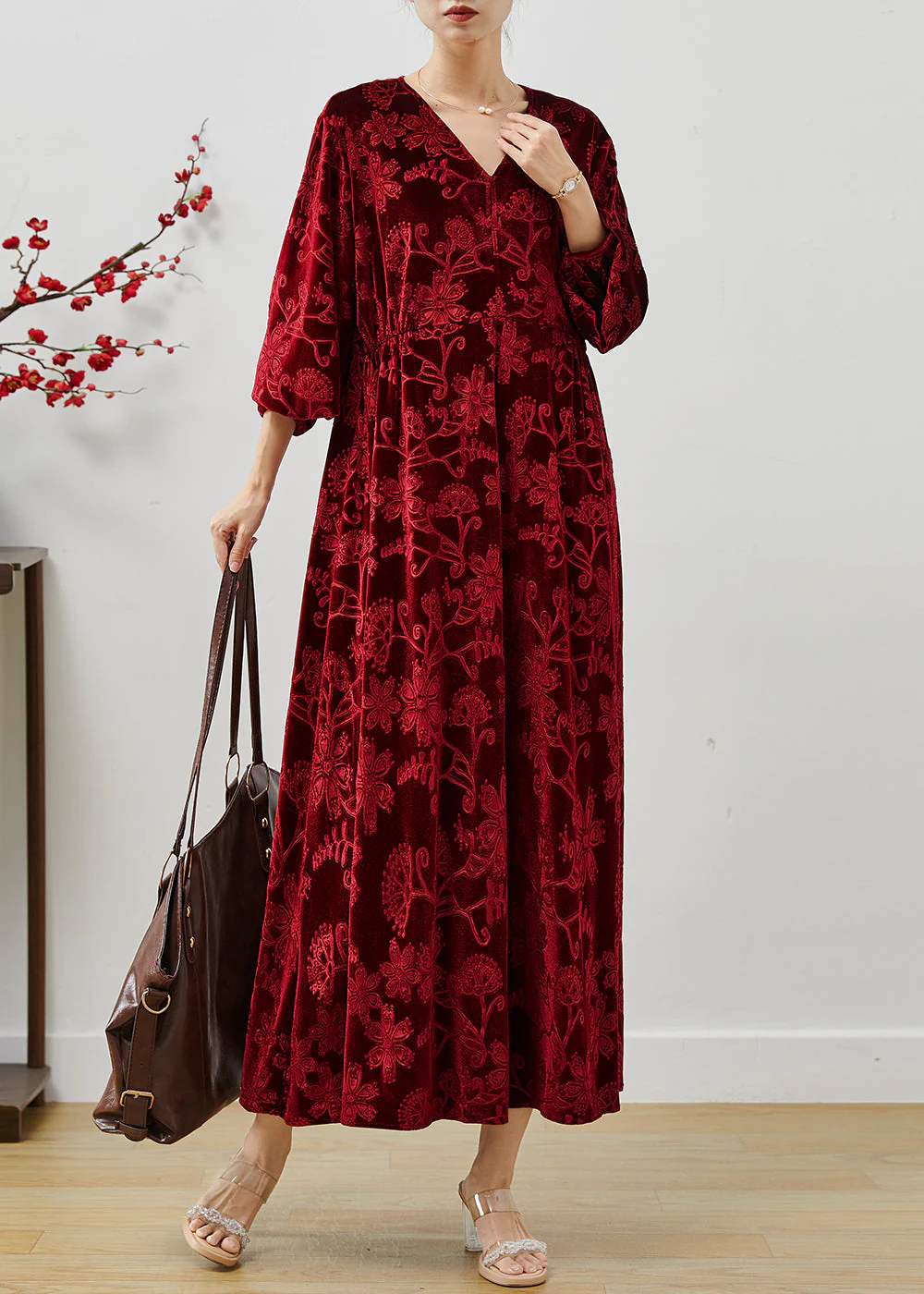 Modern Red Jacquard Silk Velvet Holiday Dress Fall - Image 2
