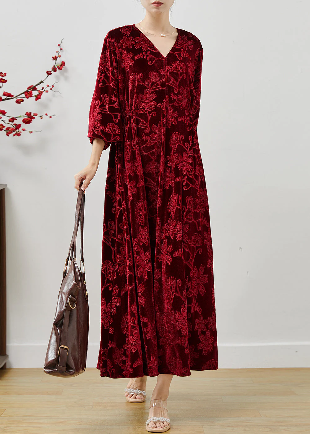 Modern Red Jacquard Silk Velvet Holiday Dress Fall - Image 3