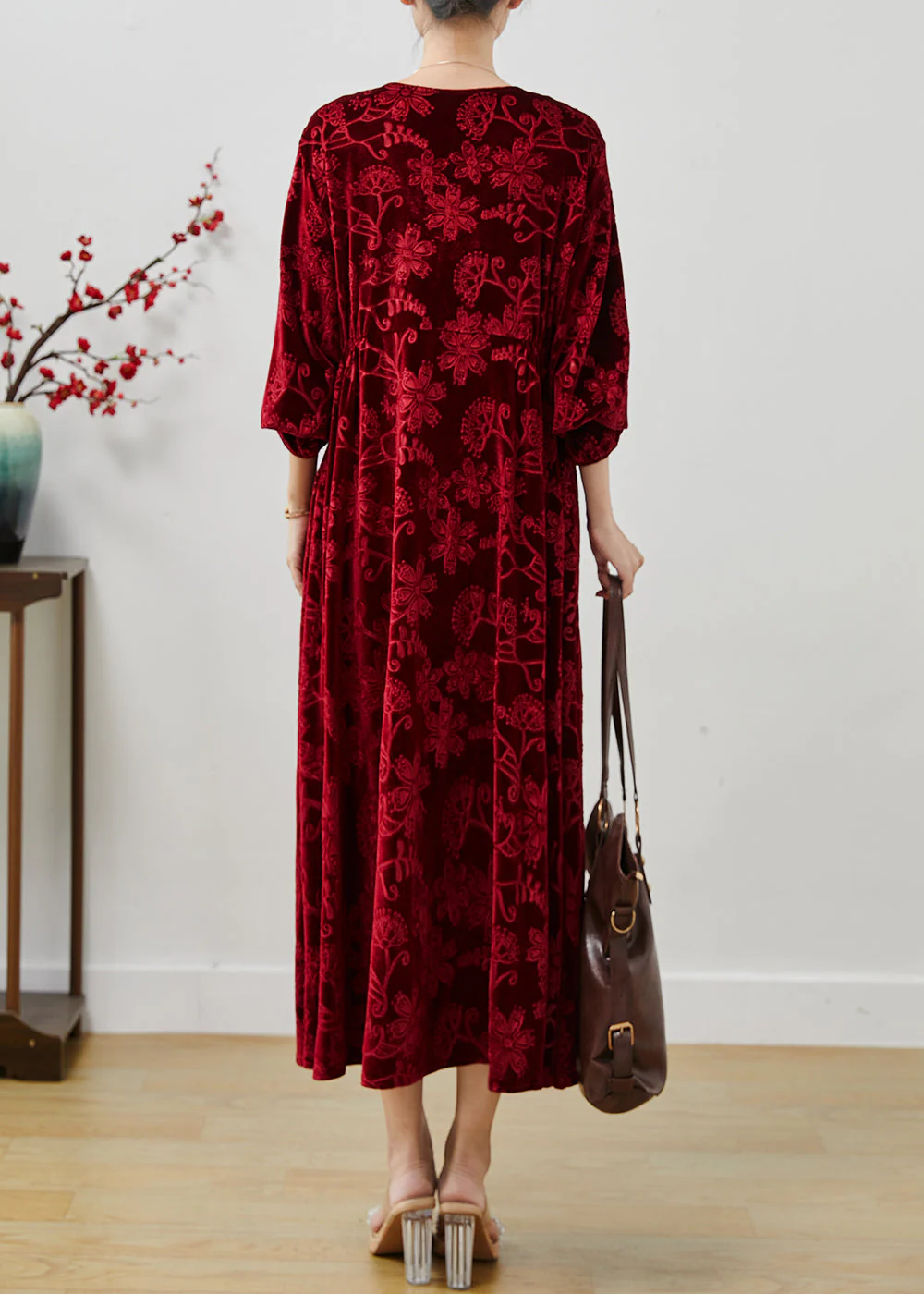 Modern Red Jacquard Silk Velvet Holiday Dress Fall - Image 4