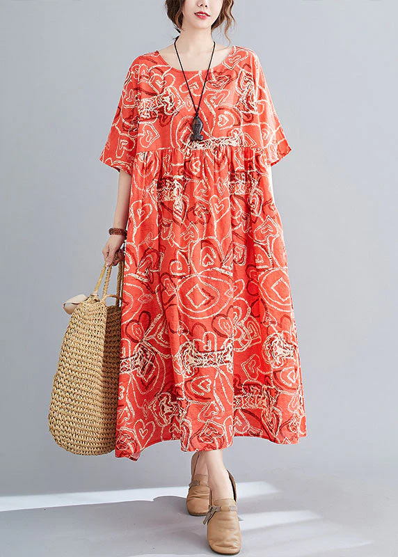 Modern Red O-Neck Print Wrinkled Cotton Beach Dress Short Sleeve - Image 2