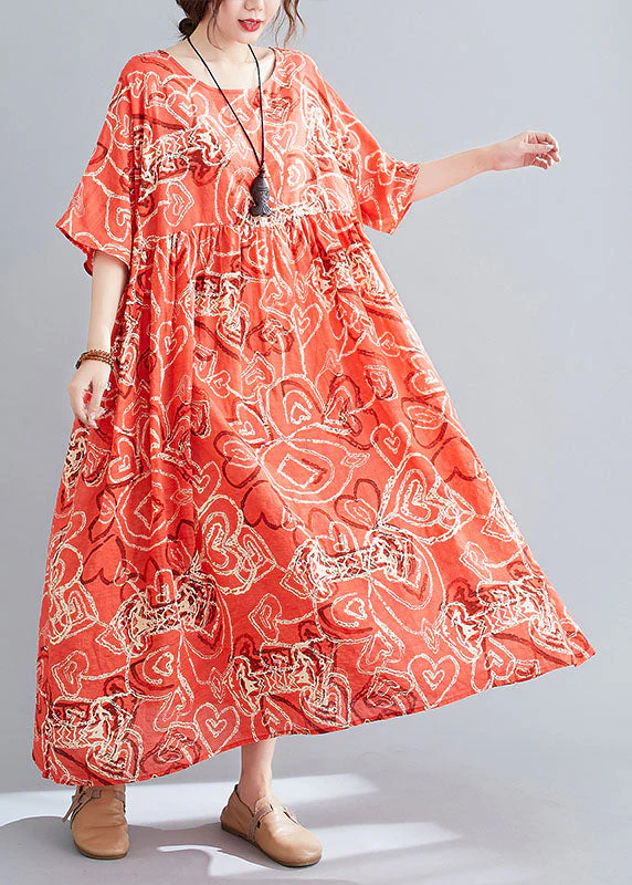 Modern Red O-Neck Print Wrinkled Cotton Beach Dress Short Sleeve - Image 3