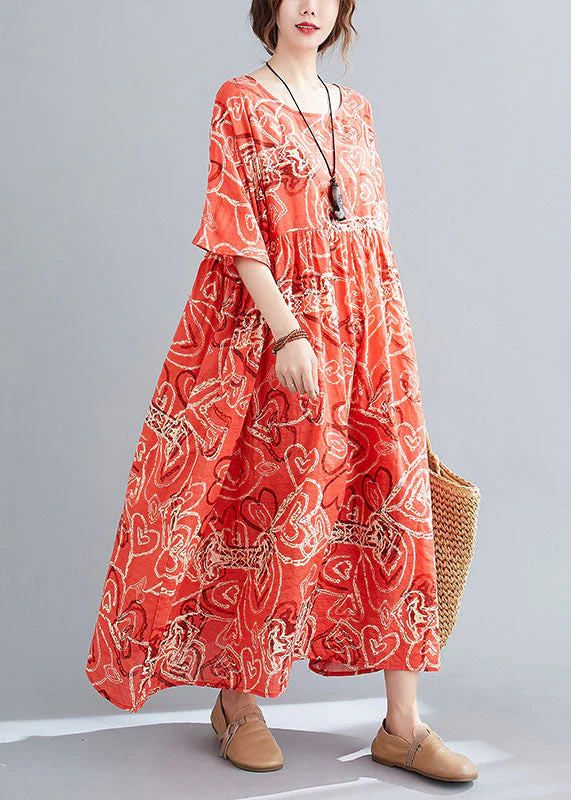 Modern Red O-Neck Print Wrinkled Cotton Beach Dress Short Sleeve - Image 4