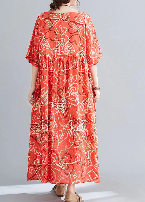 Modern Red O-Neck Print Wrinkled Cotton Beach Dress Short Sleeve - Image 5